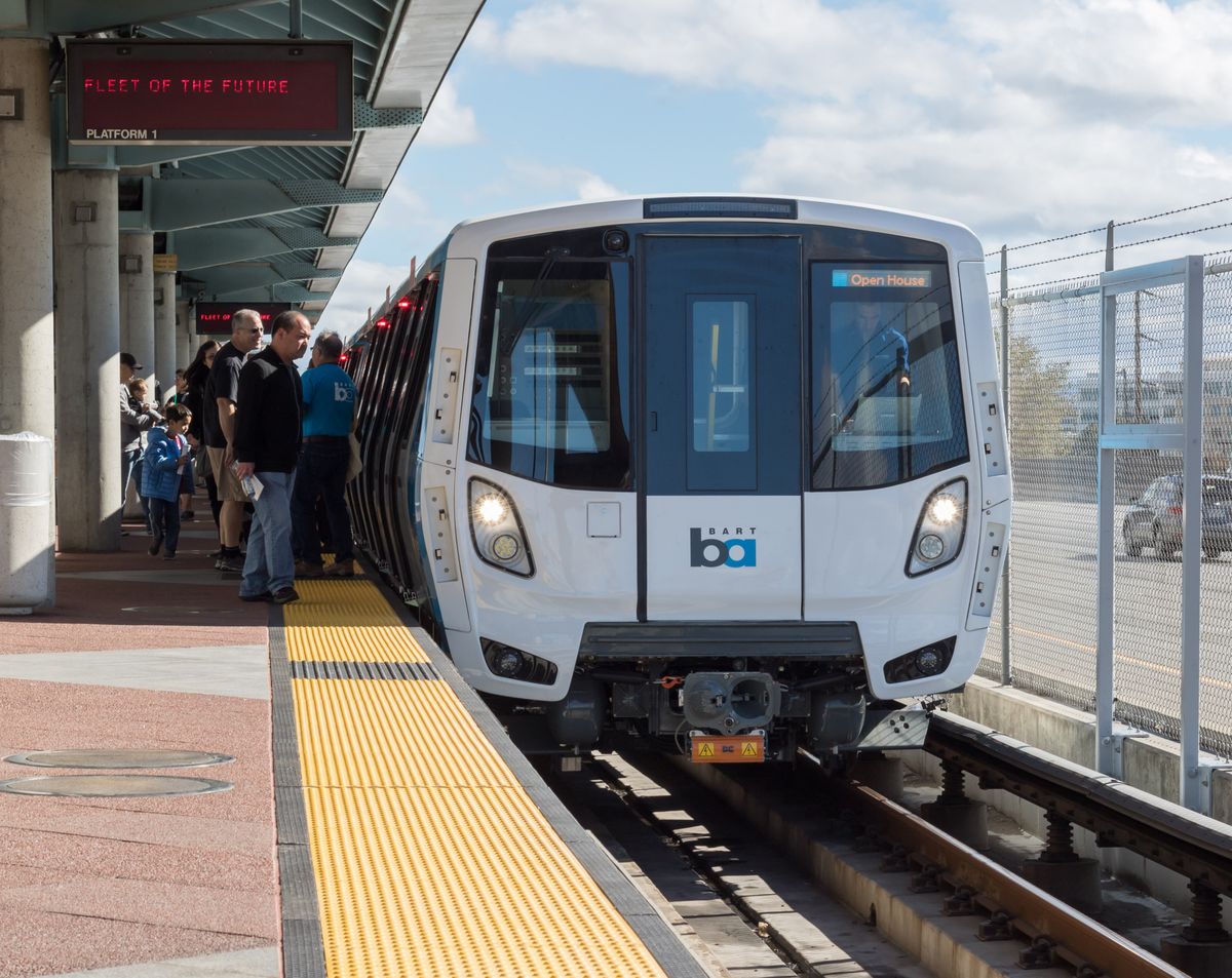 The front of a BART train beside the platform at a Dublin/Pleasanton open house