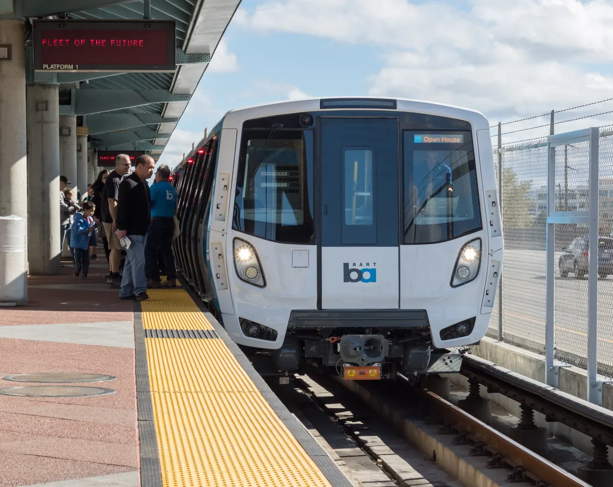 The front of a BART train beside the platform at a Dublin/Pleasanton open house